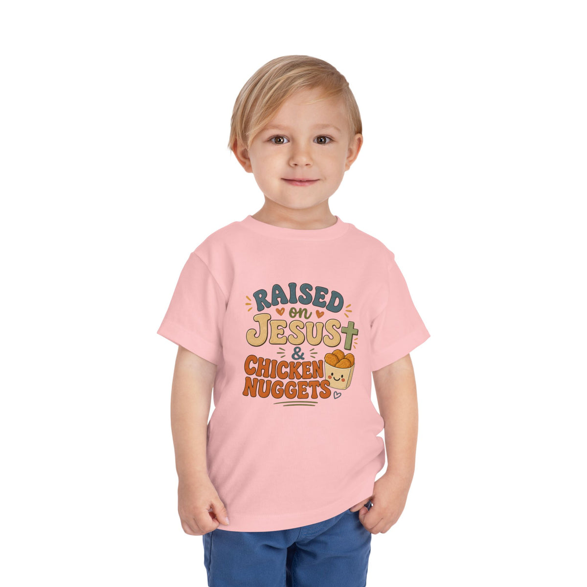 Toddler Tee – “Raised on Jesus & Chicken Nuggets” Cute Faith Kids Shirt