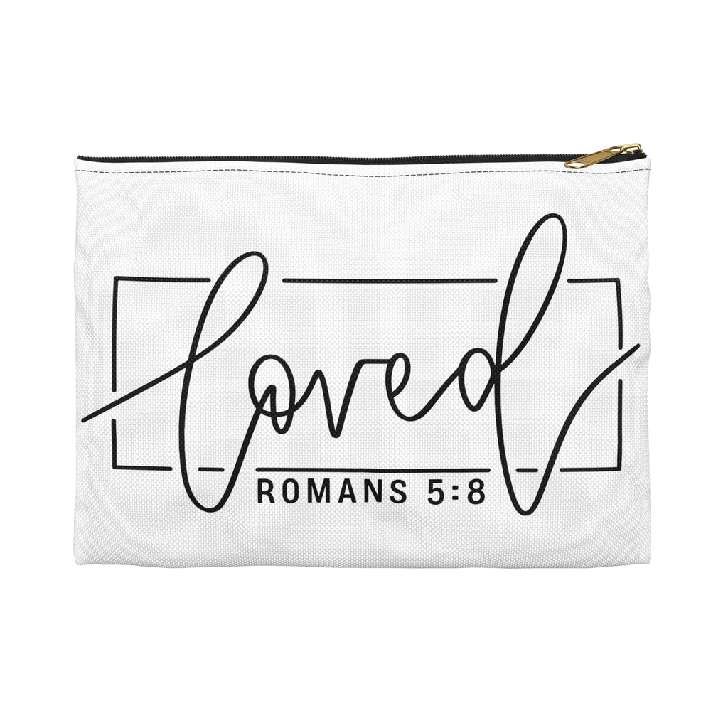 Loved Romans 5:8 Accessory Pouch — Christian Scripture Makeup Bag