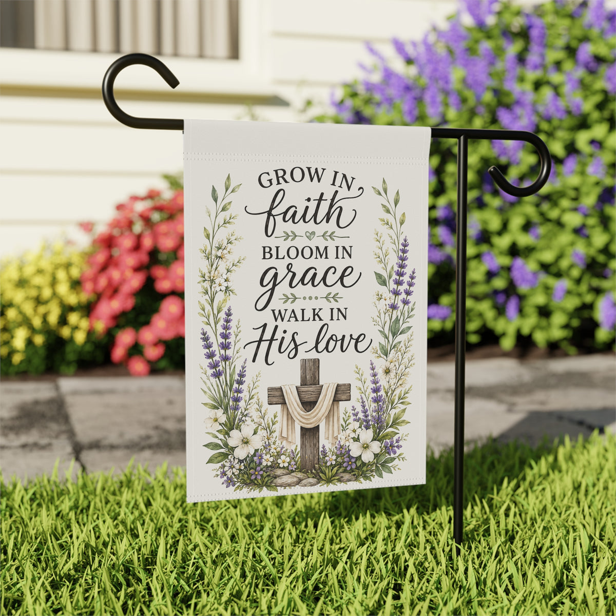 Faith Garden Flag - "Grow in Faith, Bloom in Grace" Floral House Banner