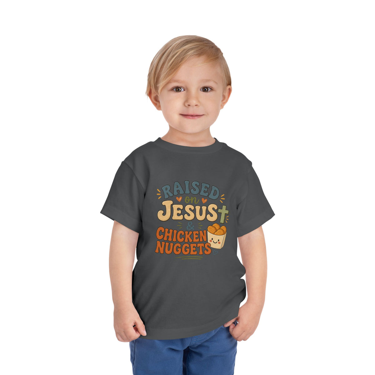 Toddler Tee – “Raised on Jesus & Chicken Nuggets” Cute Faith Kids Shirt