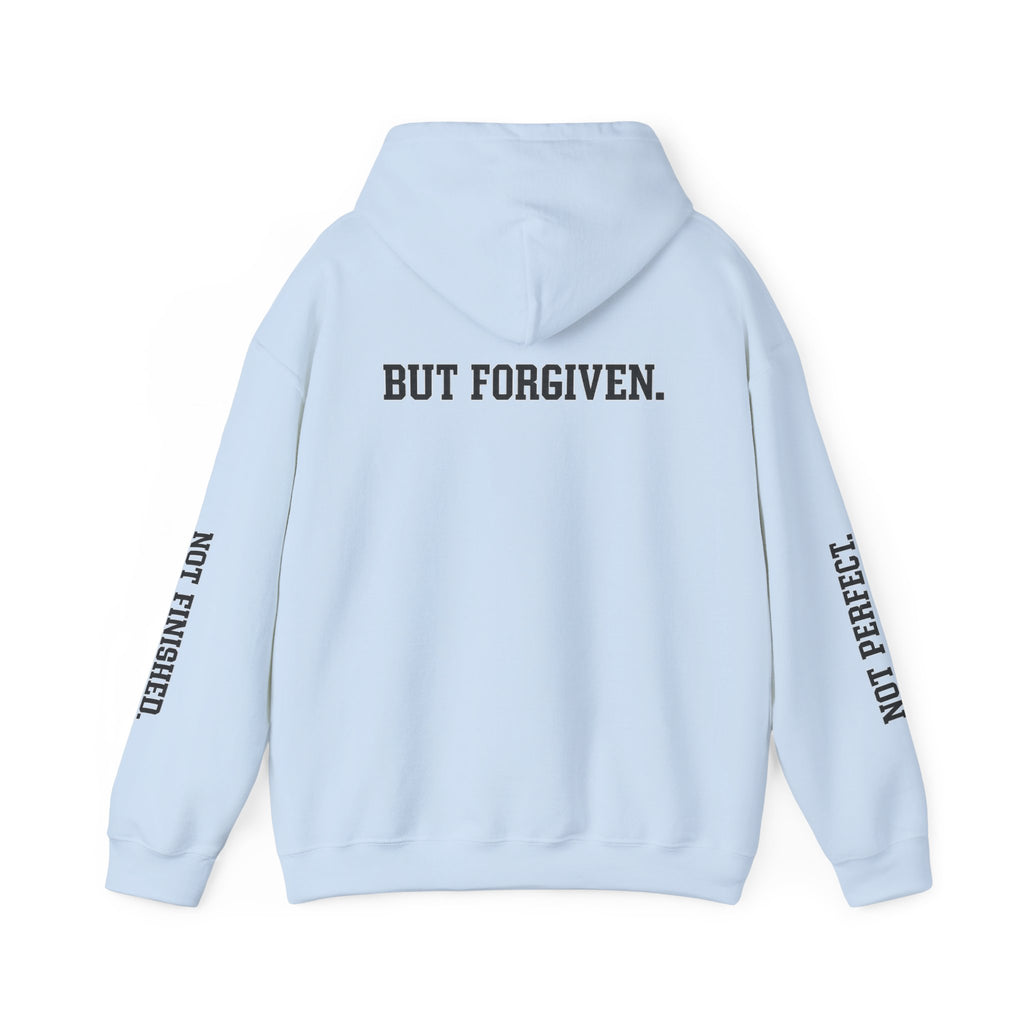 Christian Hoodie — "Ephesians 1:7" Cross Front, "But Forgiven." Back, "Not Finished / Not Perfect" Sleeve