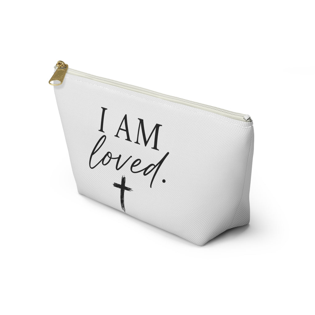 I Am Loved Accessory Pouch — Christian Inspirational Makeup Bag with Cross