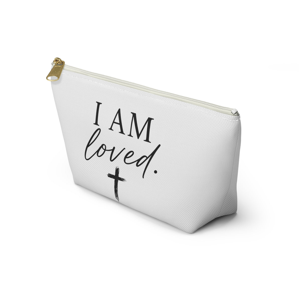I Am Loved Accessory Pouch — Christian Inspirational Makeup Bag with Cross