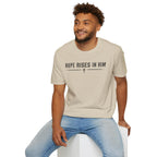 Hope Rises In Him T-Shirt — Christian Faith Inspirational Tee with Cross