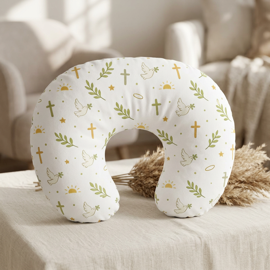 Religious Baby Nursing Pillow Cover — Dove & Crosses Pattern for Baptism or Christening
