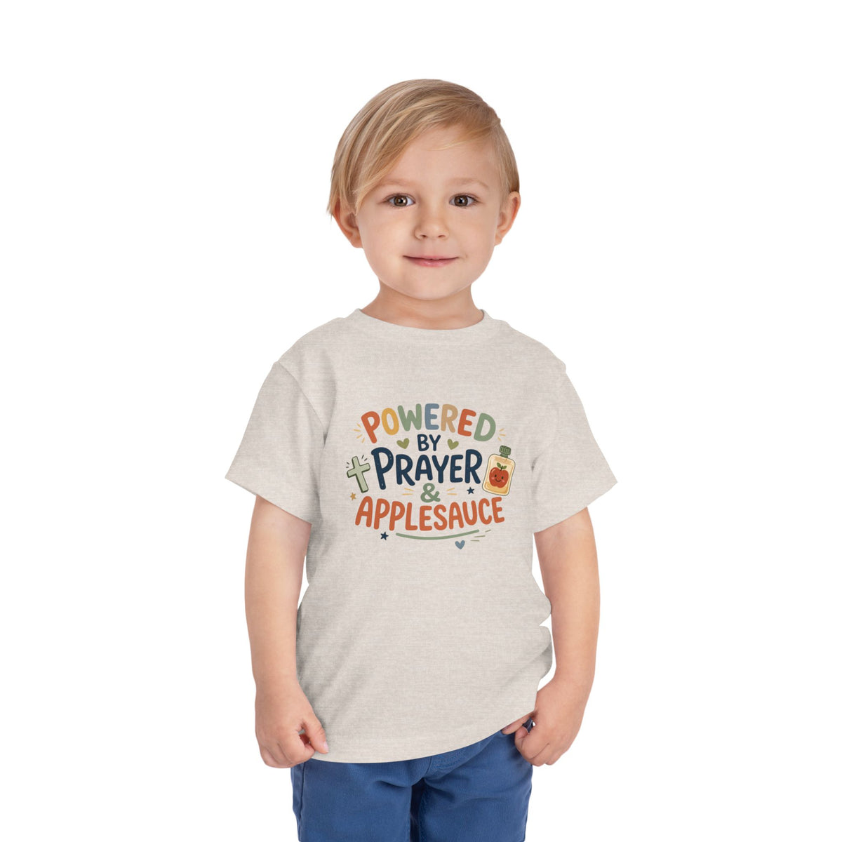Toddler Tee — "Powered by Prayer & Applesauce" Cute Christian Kids Shirt