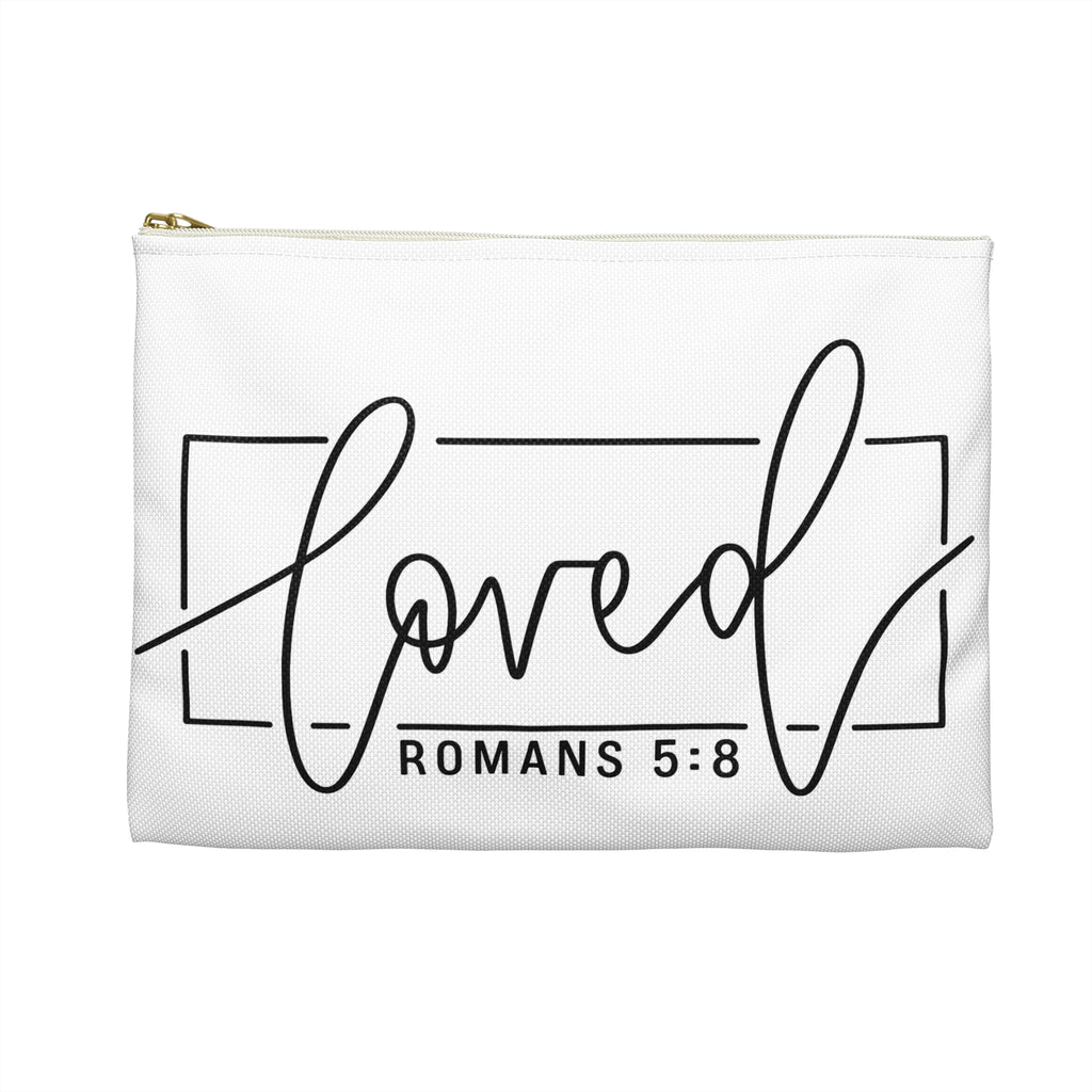 Loved Romans 5:8 Accessory Pouch — Christian Scripture Makeup Bag