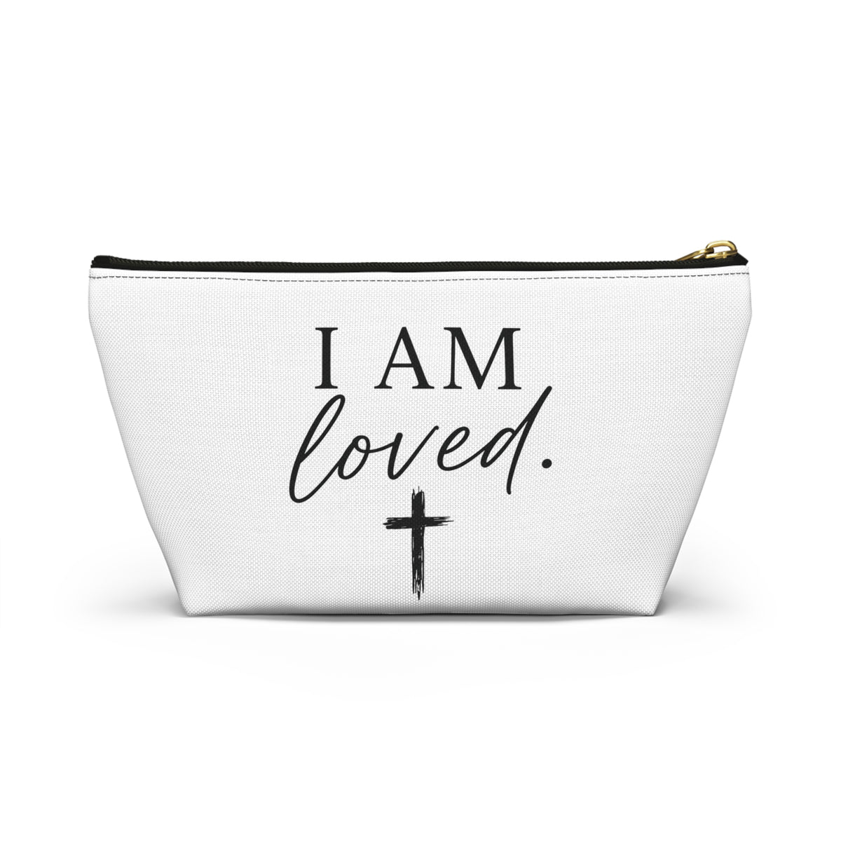 I Am Loved Accessory Pouch — Christian Inspirational Makeup Bag with Cross