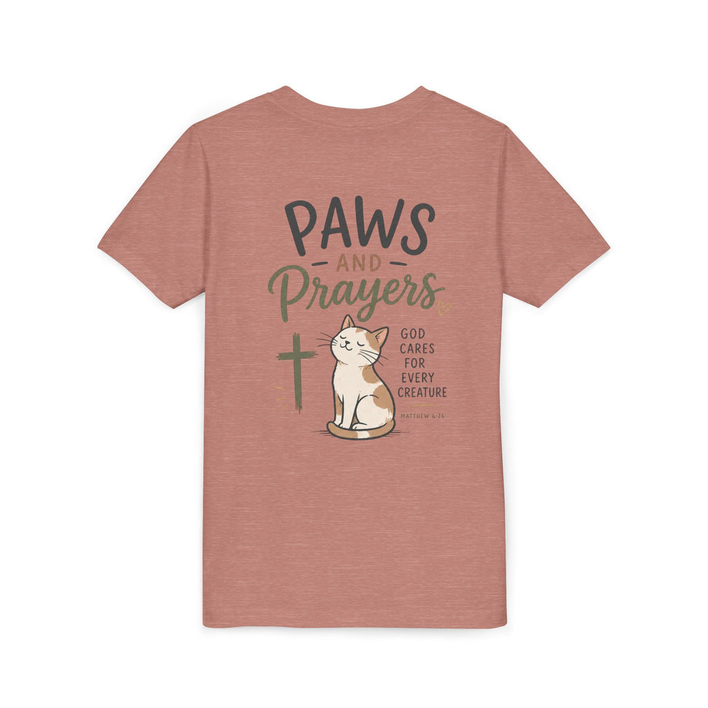 Youth Tee — "Paws and Prayers" Cat Graphic