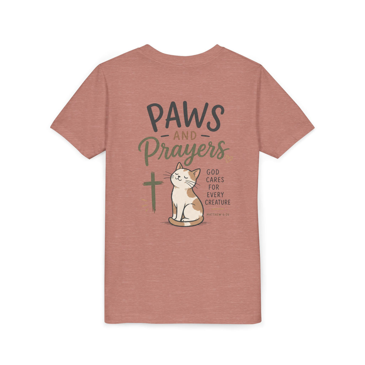 Youth Tee — "Paws and Prayers" Cat Graphic