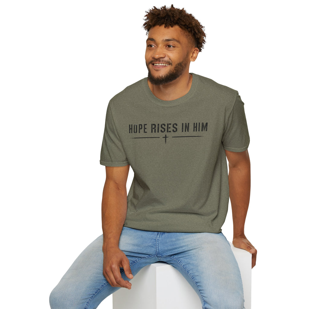 Hope Rises In Him T-Shirt — Christian Faith Inspirational Tee with Cross
