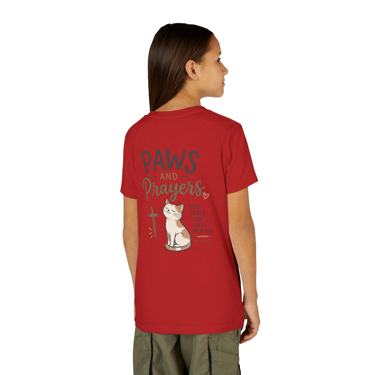 Youth Tee — "Paws and Prayers" Cat Graphic