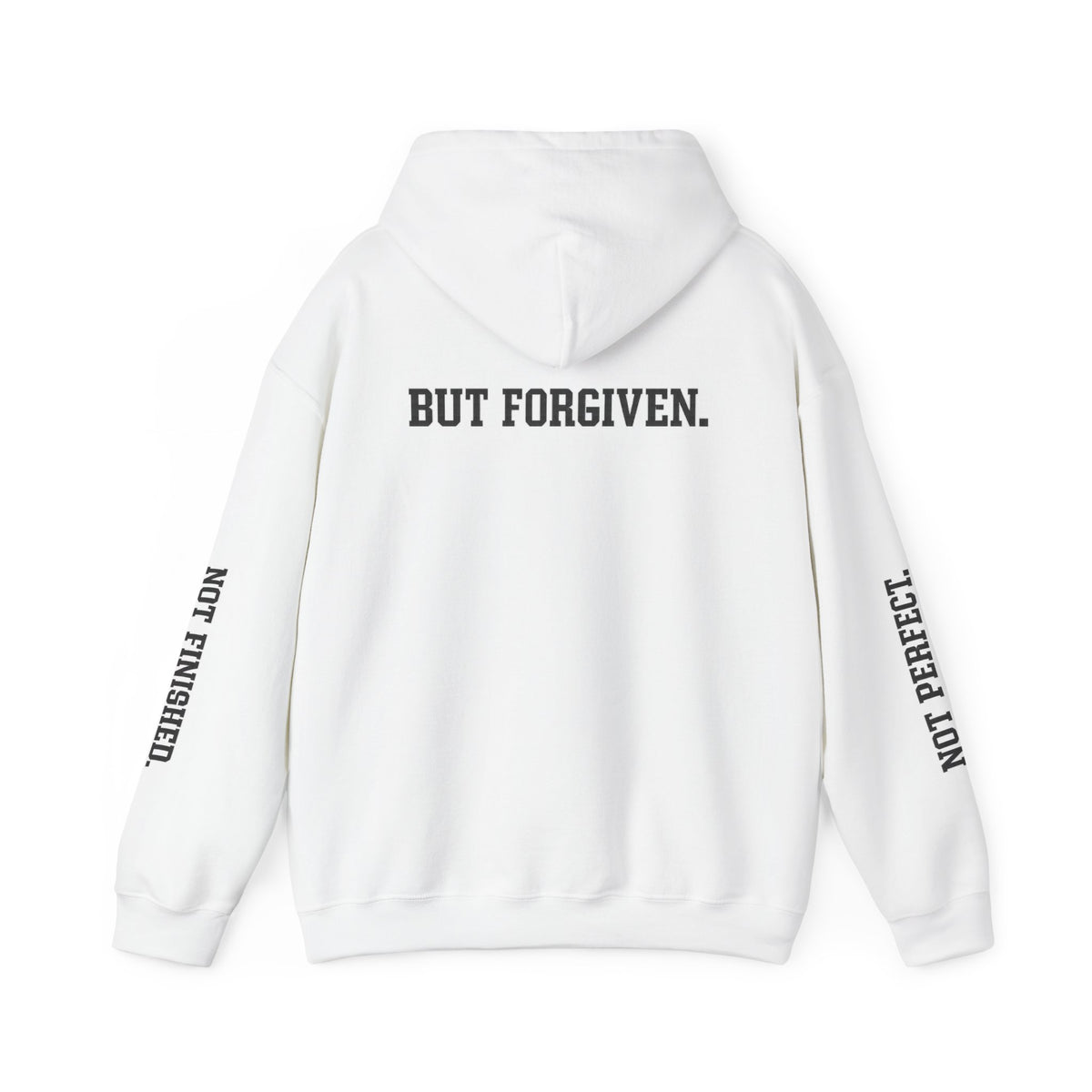 Christian Hoodie — "Ephesians 1:7" Cross Front, "But Forgiven." Back, "Not Finished / Not Perfect" Sleeve