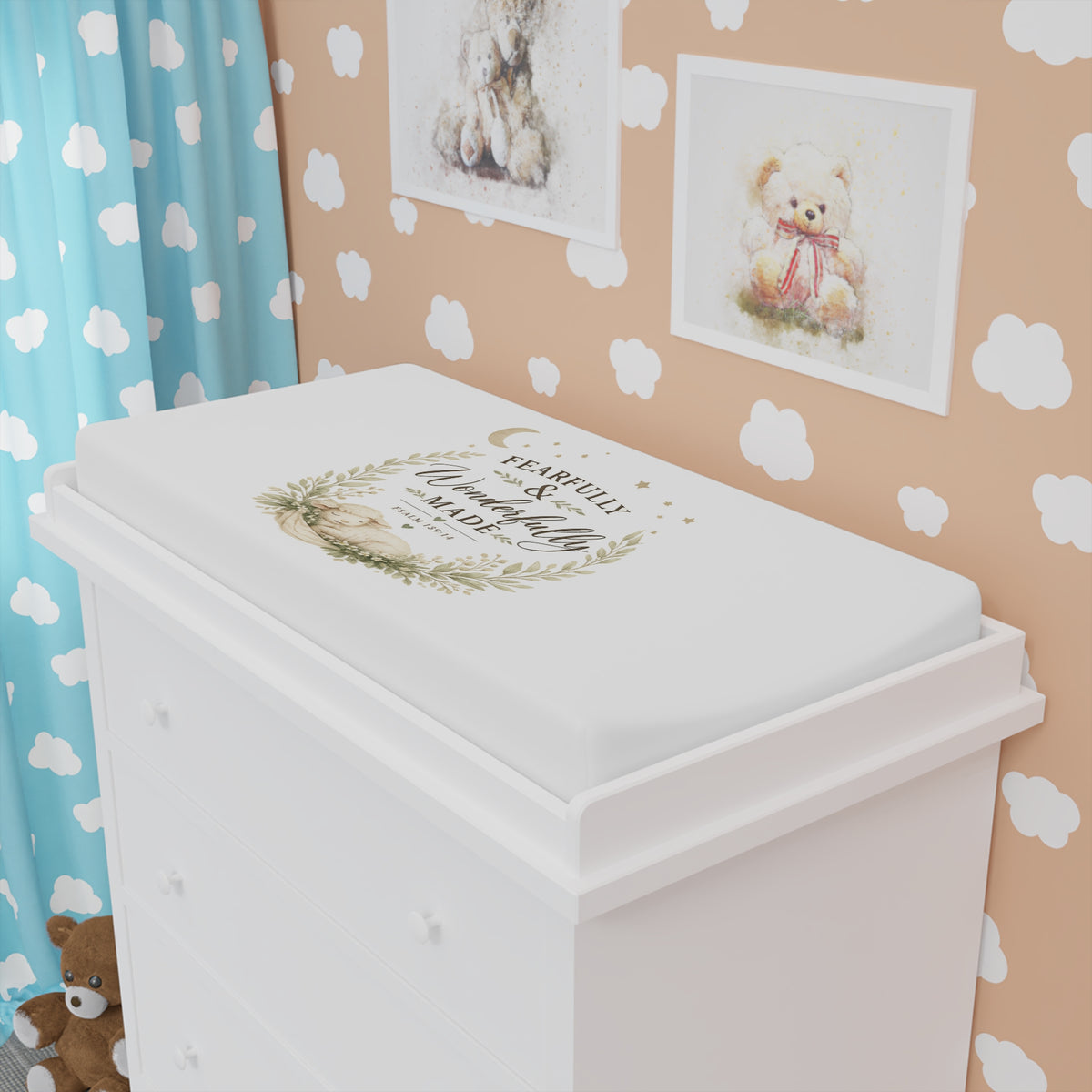 Changing Pad Cover — "Fearfully & Wonderfully Made" Neutral Floral Baby Nursery