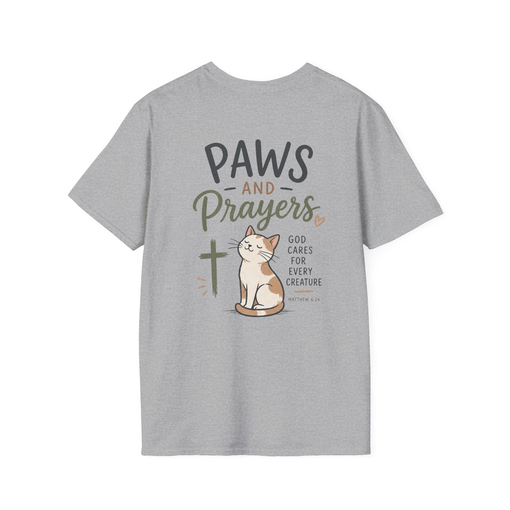 Cat 'Paws and Prayers' T-Shirt — Cute Christian Cat Graphic Tee