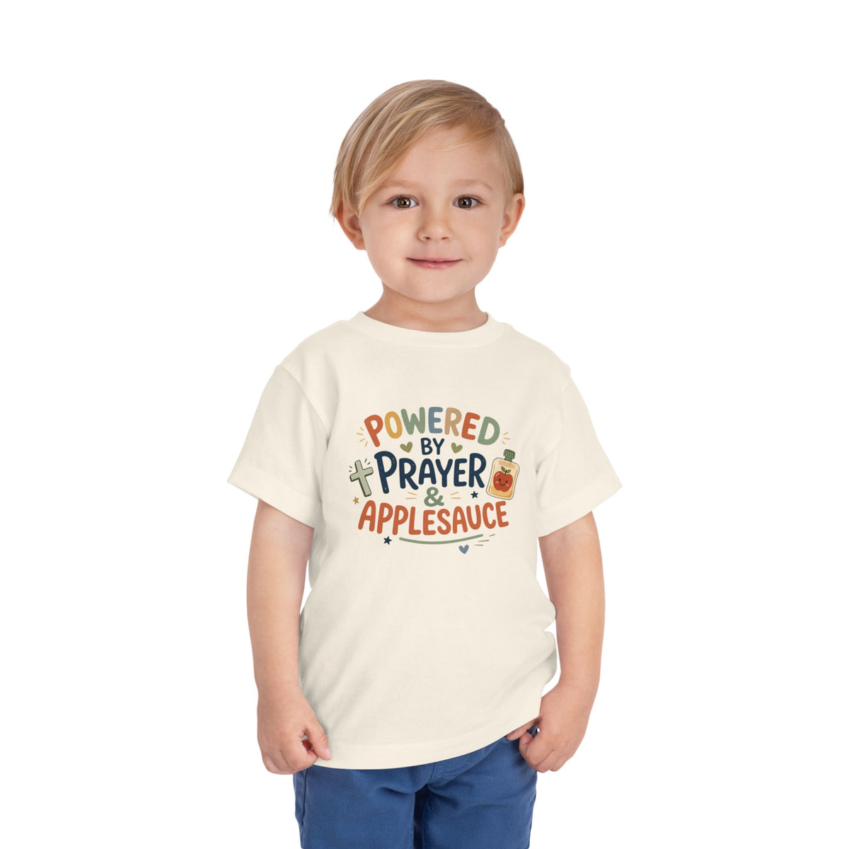 Toddler Tee — "Powered by Prayer & Applesauce" Cute Christian Kids Shirt