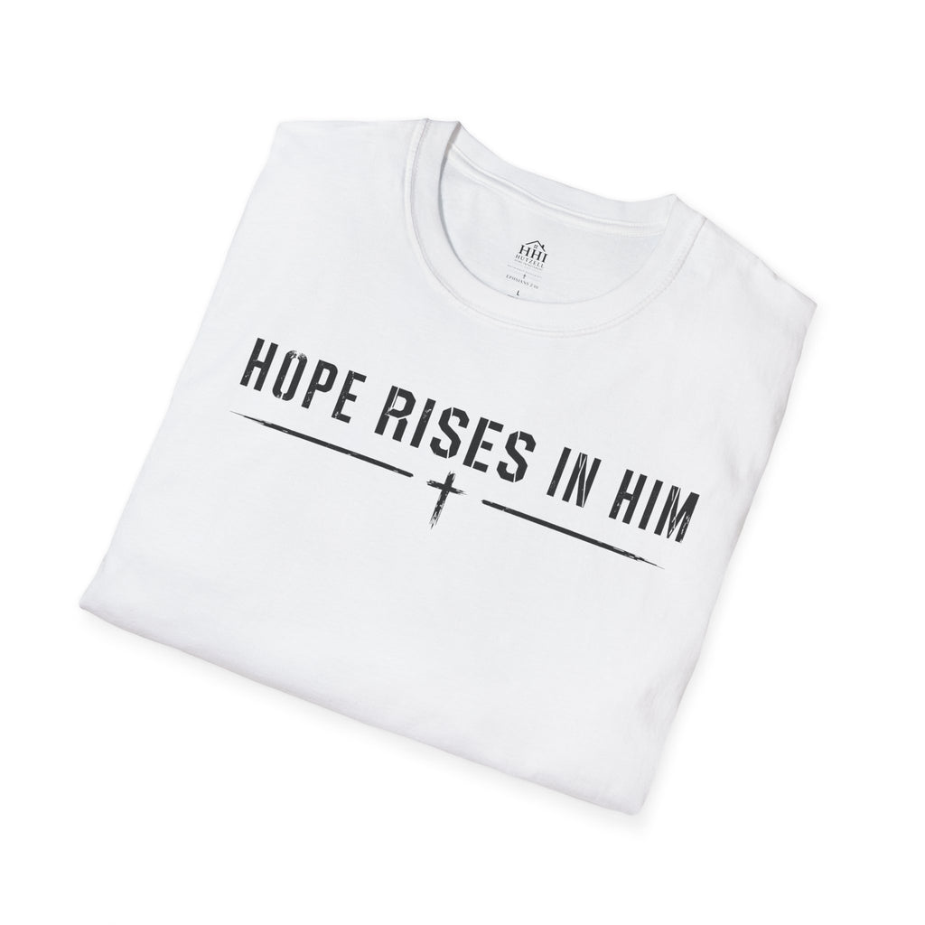 Hope Rises In Him T-Shirt — Christian Faith Inspirational Tee with Cross