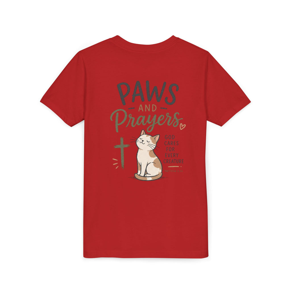 Youth Tee — "Paws and Prayers" Cat Graphic