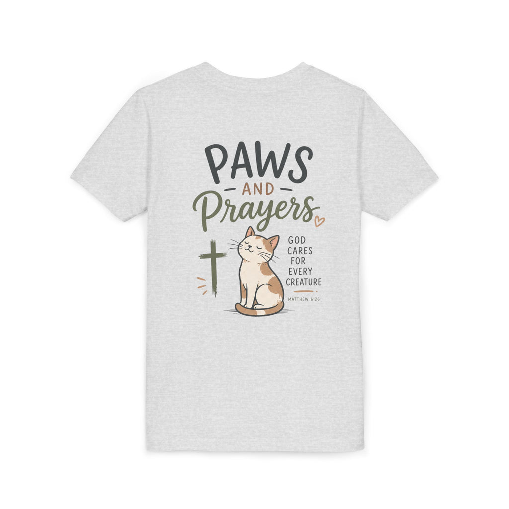 Youth Tee — "Paws and Prayers" Cat Graphic