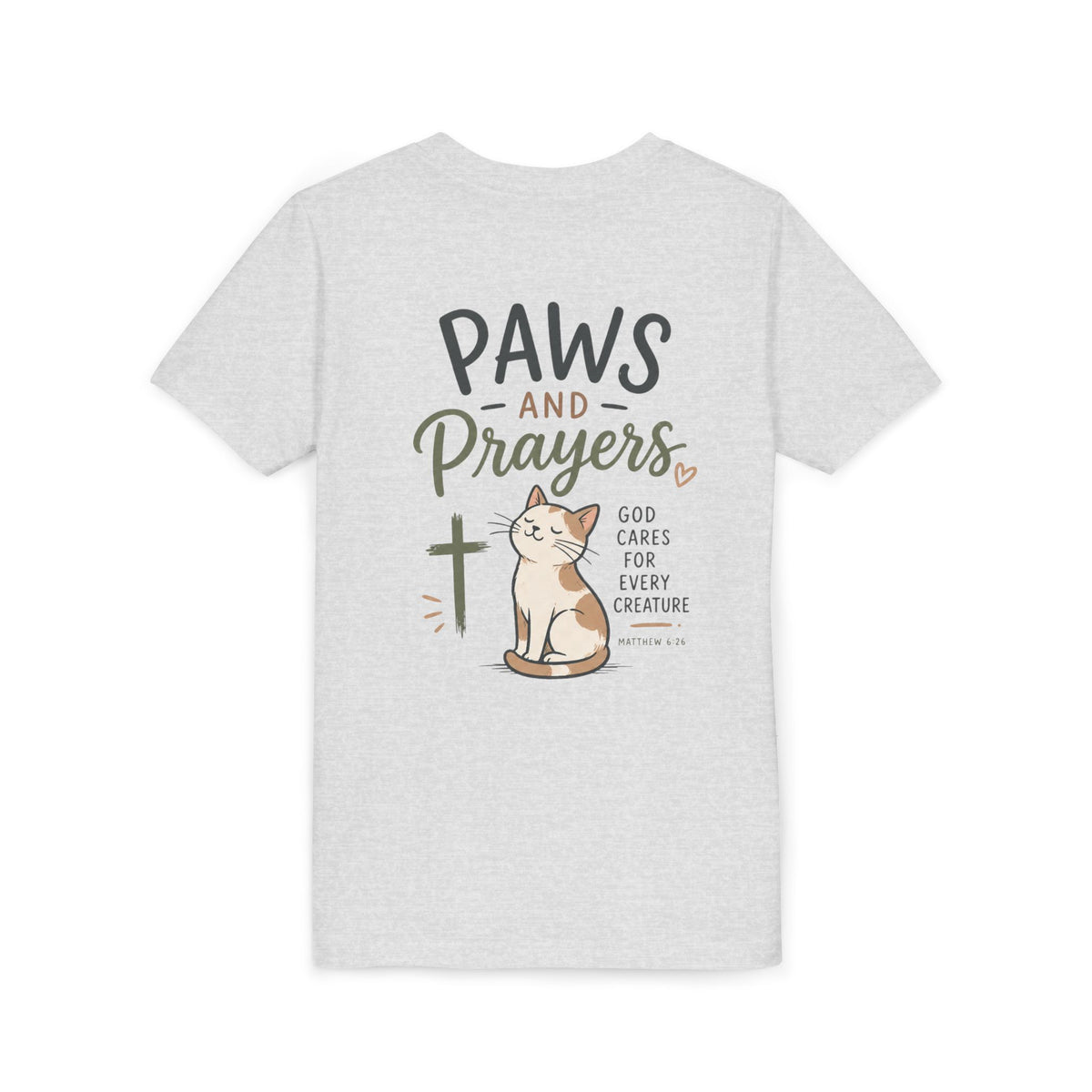 Youth Tee — "Paws and Prayers" Cat Graphic