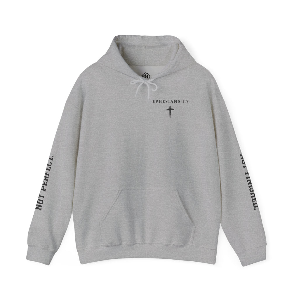 Christian Hoodie — "Ephesians 1:7" Cross Front, "But Forgiven." Back, "Not Finished / Not Perfect" Sleeve