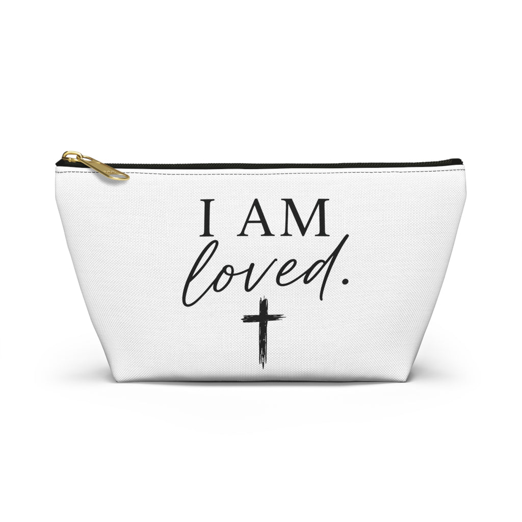 I Am Loved Accessory Pouch — Christian Inspirational Makeup Bag with Cross