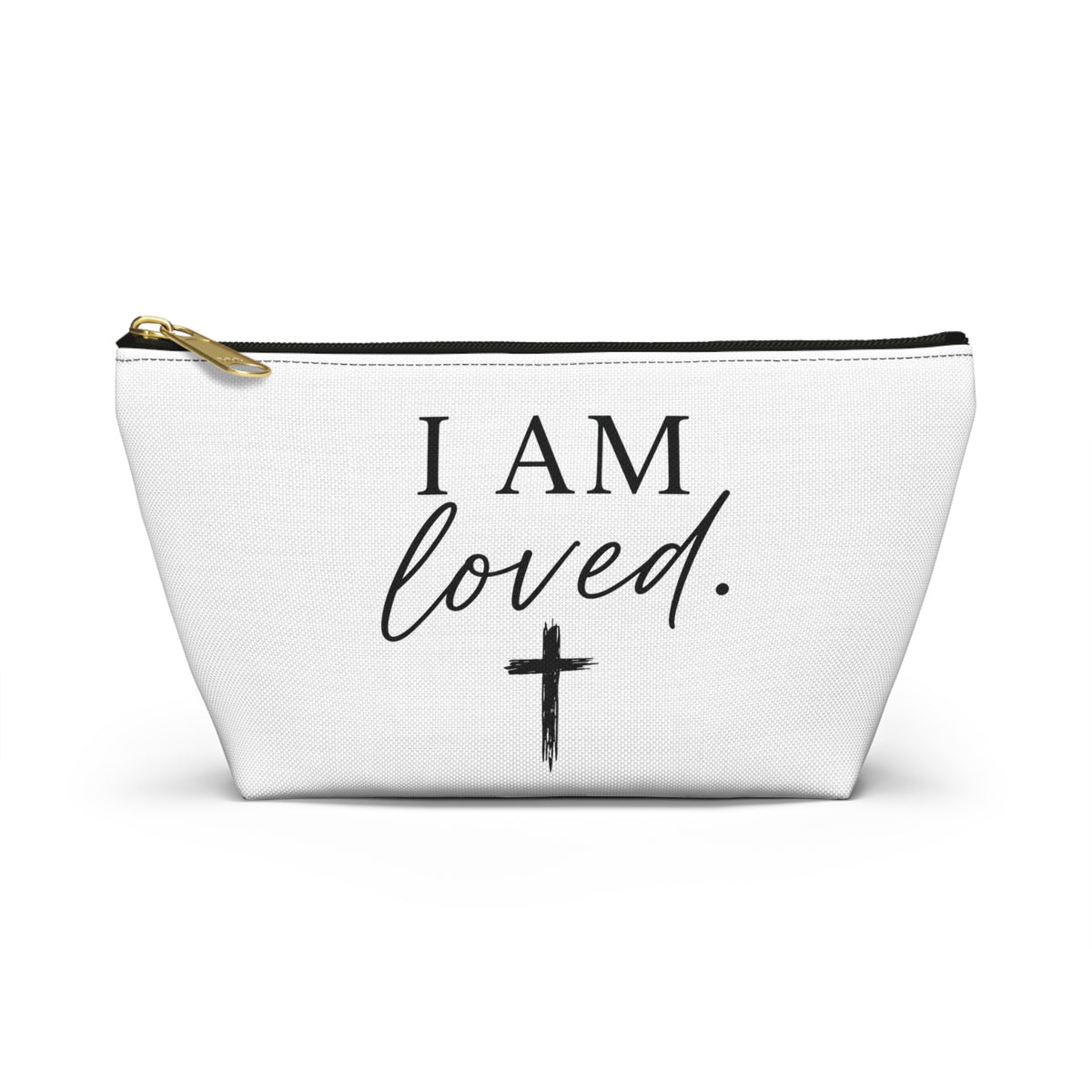 I Am Loved Accessory Pouch — Christian Inspirational Makeup Bag with Cross