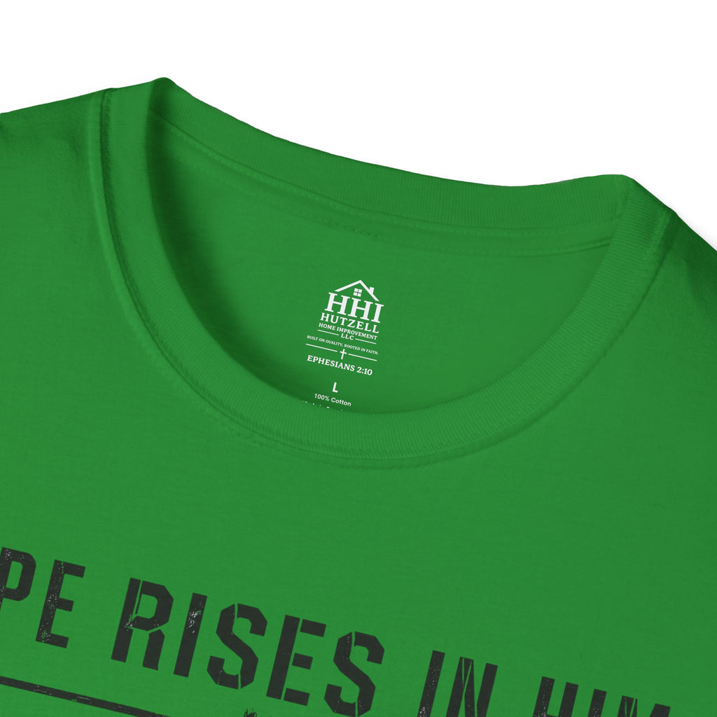 Hope Rises In Him T-Shirt — Christian Faith Inspirational Tee with Cross