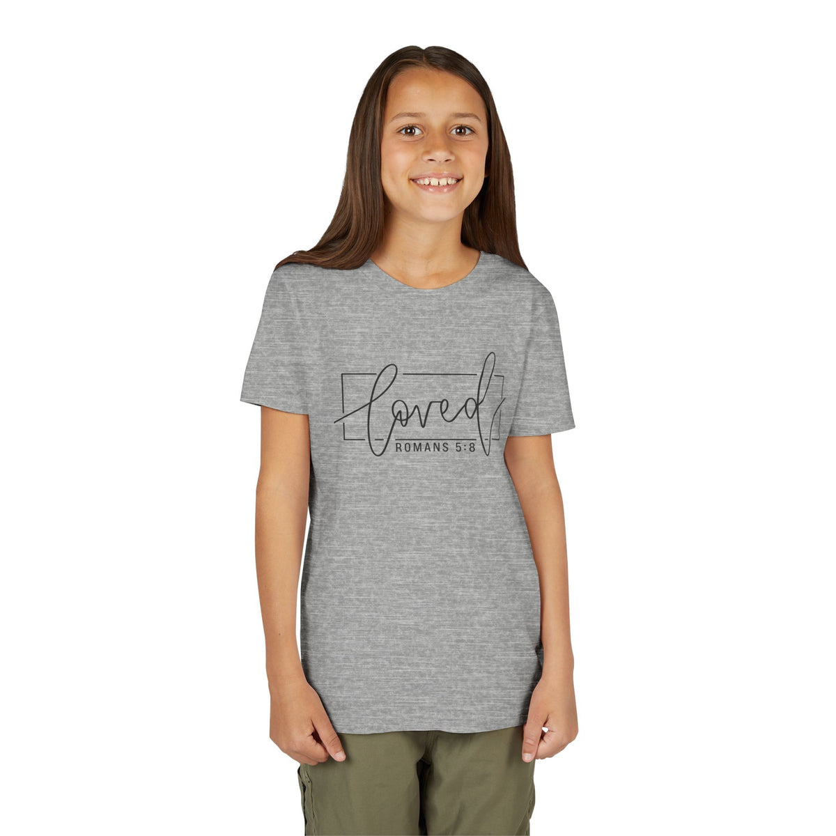Youth Girls' Tee - "Loved" Romans 5:8 Christian Faith Shirt