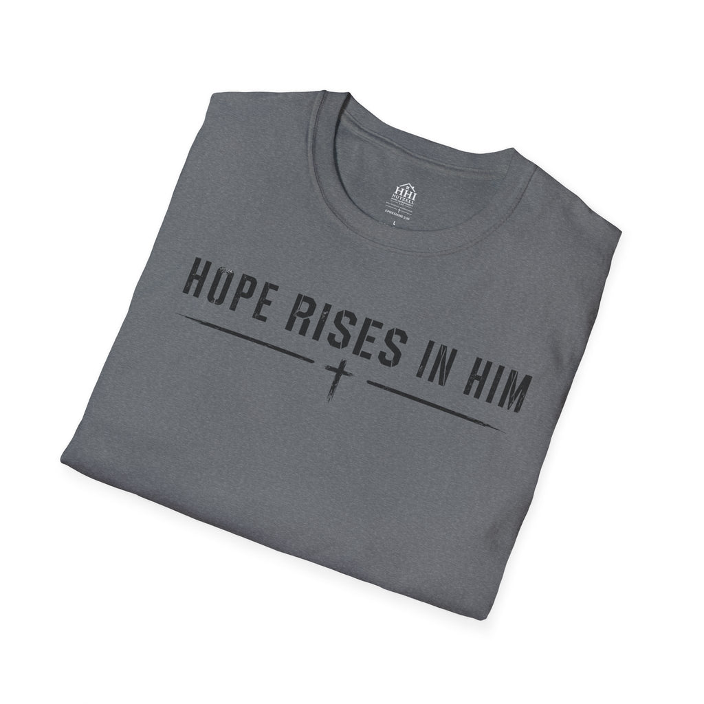 Hope Rises In Him T-Shirt — Christian Faith Inspirational Tee with Cross