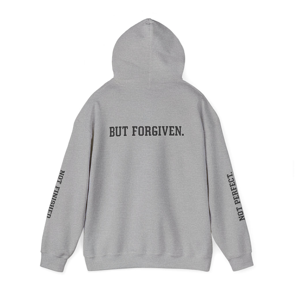 Christian Hoodie — "Ephesians 1:7" Cross Front, "But Forgiven." Back, "Not Finished / Not Perfect" Sleeve