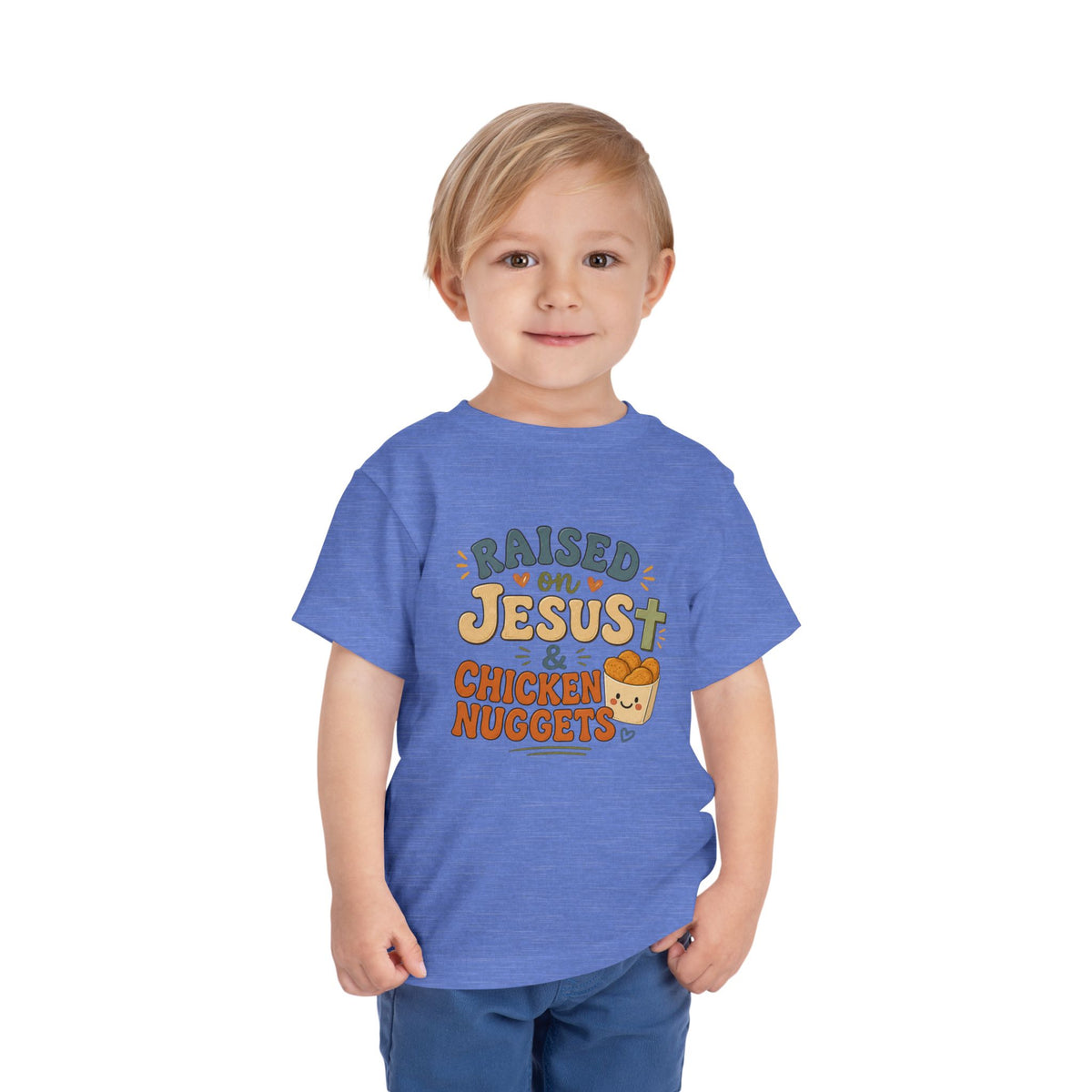Toddler Tee – “Raised on Jesus & Chicken Nuggets” Cute Faith Kids Shirt