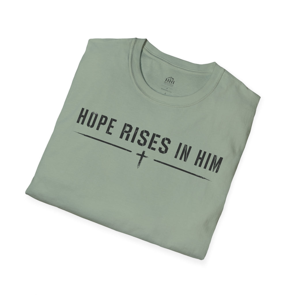 Hope Rises In Him T-Shirt — Christian Faith Inspirational Tee with Cross