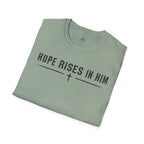 Hope Rises In Him T-Shirt — Christian Faith Inspirational Tee with Cross