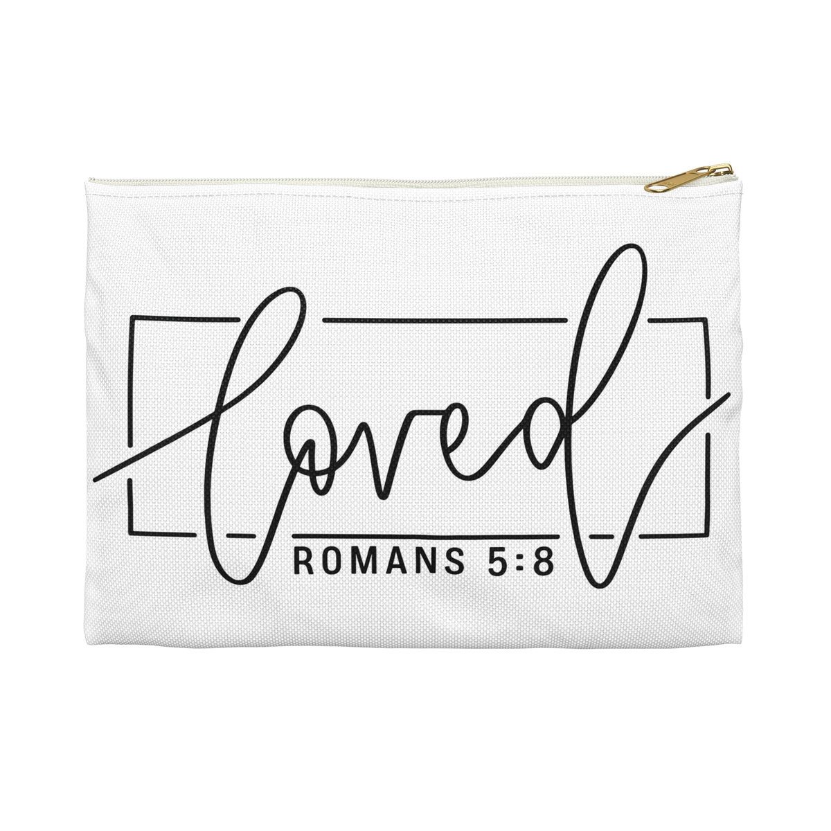 Loved Romans 5:8 Accessory Pouch — Christian Scripture Makeup Bag