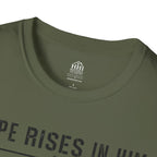 Hope Rises In Him T-Shirt — Christian Faith Inspirational Tee with Cross