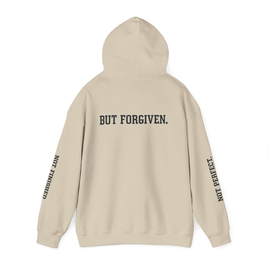 Christian Hoodie — "Ephesians 1:7" Cross Front, "But Forgiven." Back, "Not Finished / Not Perfect" Sleeve