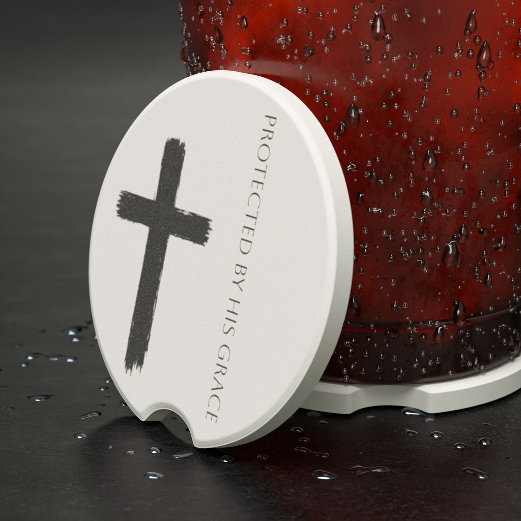 Christian Cross Soapstone Car Coaster – “Protected By His Grace”
