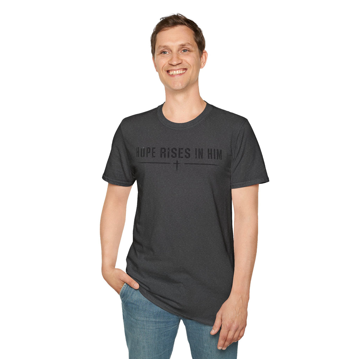 Hope Rises In Him T-Shirt — Christian Faith Inspirational Tee with Cross