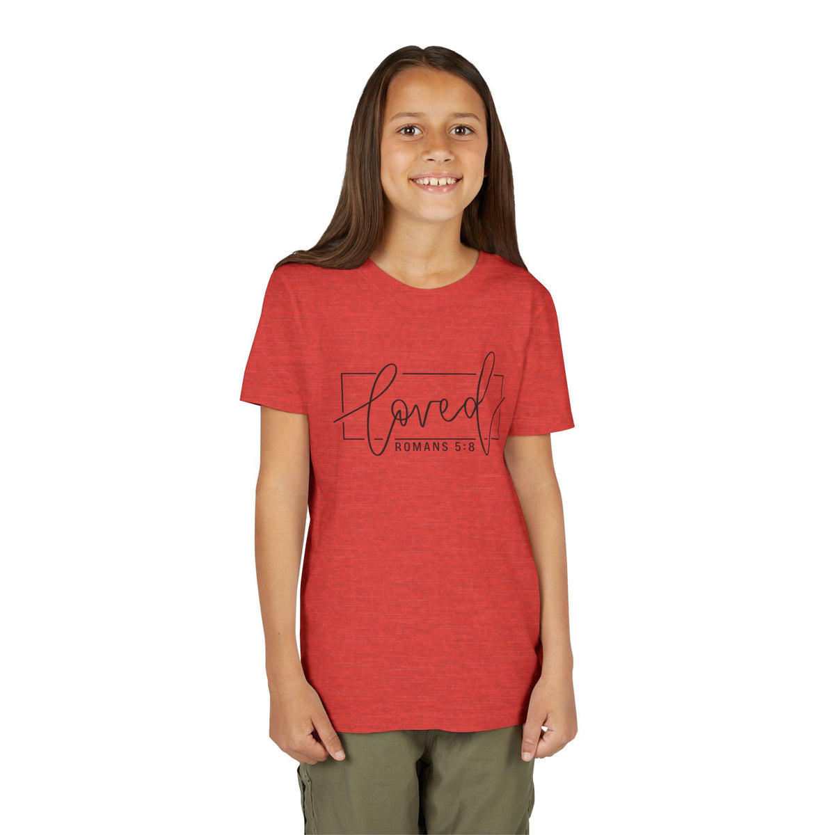 Youth Girls' Tee - "Loved" Romans 5:8 Christian Faith Shirt