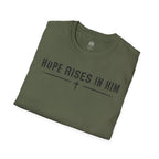 Hope Rises In Him T-Shirt — Christian Faith Inspirational Tee with Cross