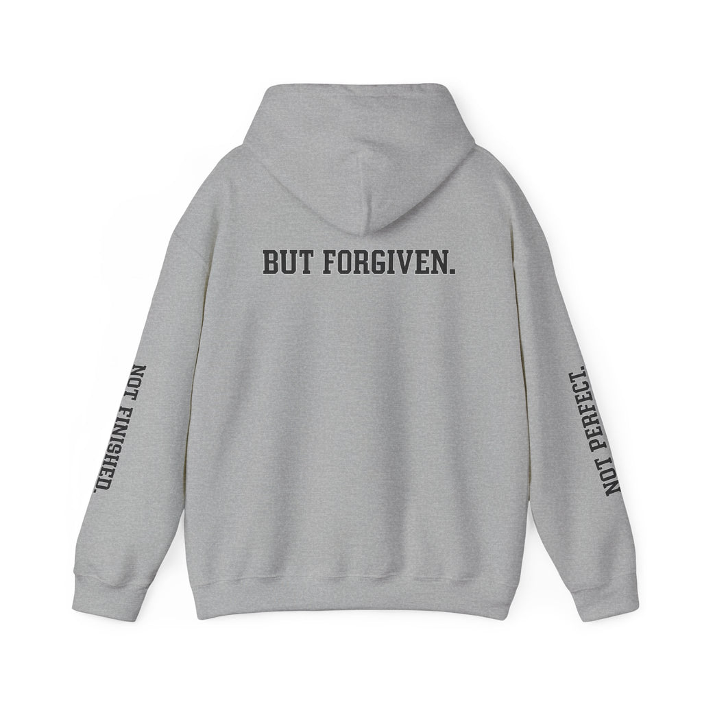 Christian Hoodie — "Ephesians 1:7" Cross Front, "But Forgiven." Back, "Not Finished / Not Perfect" Sleeve