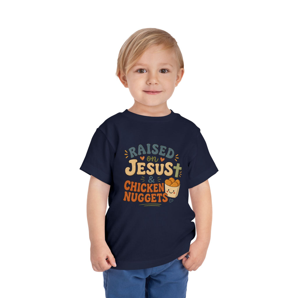 Toddler Tee – “Raised on Jesus & Chicken Nuggets” Cute Faith Kids Shirt