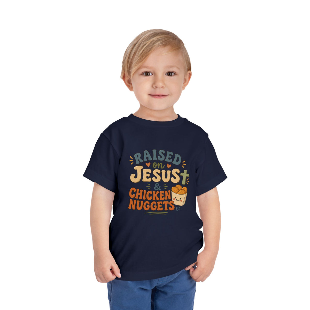 Toddler Tee – “Raised on Jesus & Chicken Nuggets” Cute Faith Kids Shirt