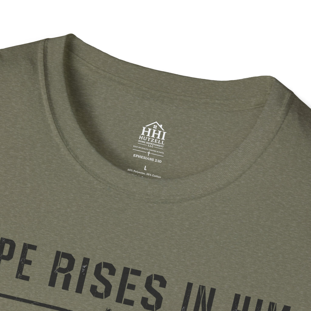 Hope Rises In Him T-Shirt — Christian Faith Inspirational Tee with Cross
