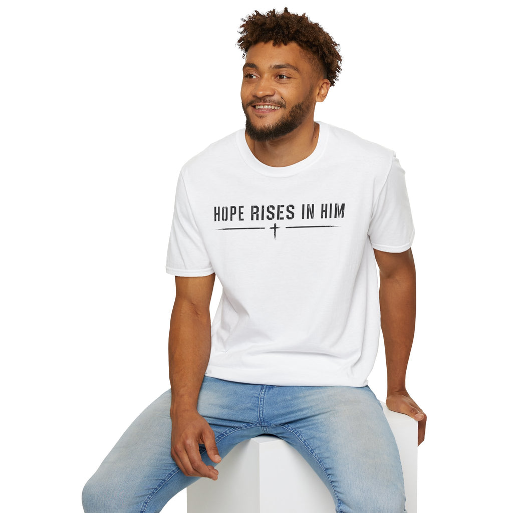 Hope Rises In Him T-Shirt — Christian Faith Inspirational Tee with Cross