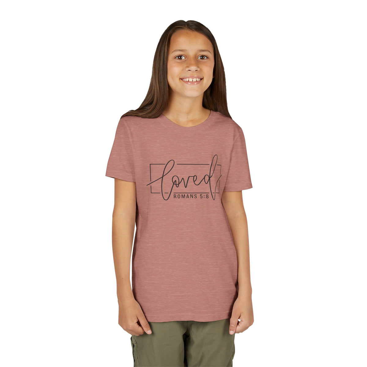 Youth Girls' Tee - "Loved" Romans 5:8 Christian Faith Shirt
