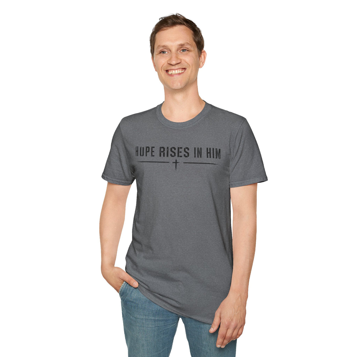 Hope Rises In Him T-Shirt — Christian Faith Inspirational Tee with Cross